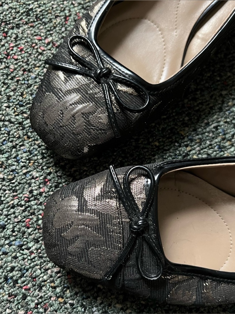 Tapestry Jacquard Fabric Square-Toe Bow Ballet Flats Low Block Heel Shoes Sz 8.5